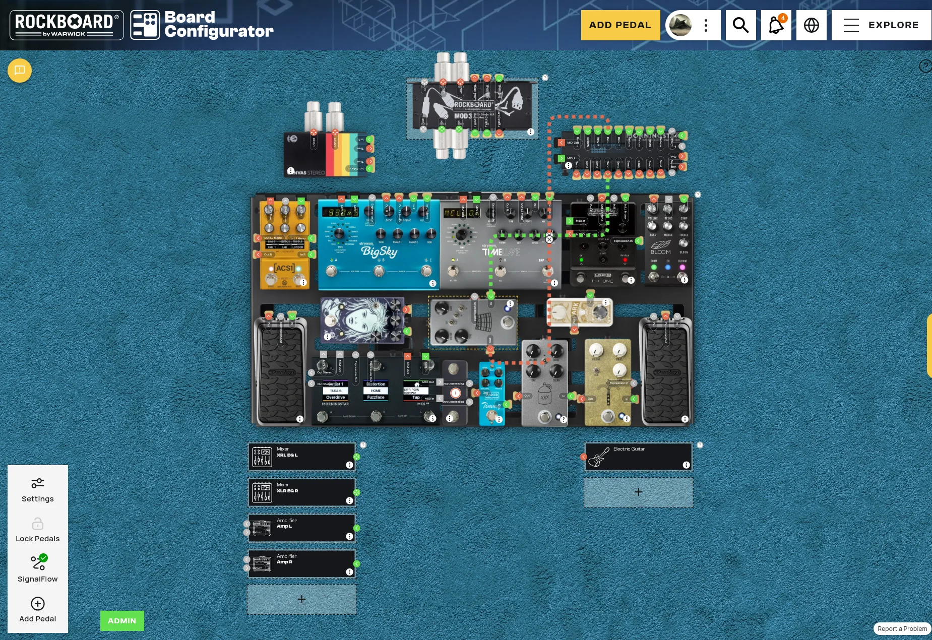 Board Configurator mit platzierten Pedals und visualisiertem Signalfluss
