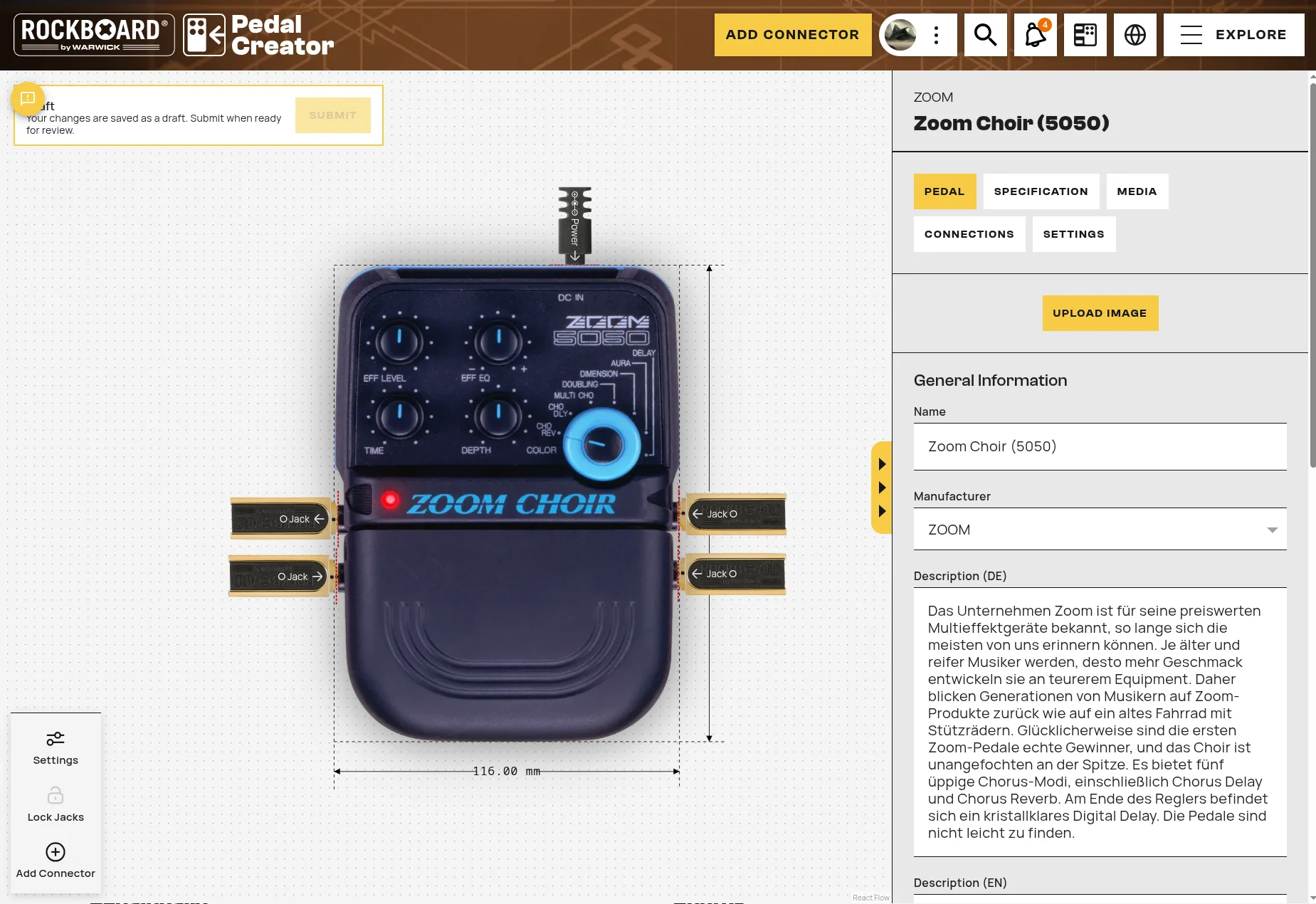 Pedal Creator – Erfassung von Anschlüssen, Maßen und Metadaten eines Pedals